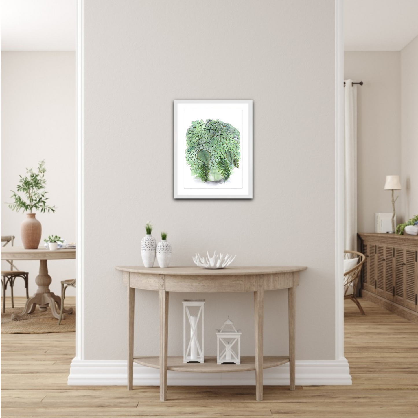 Green Hydrangeas in Glass Vase