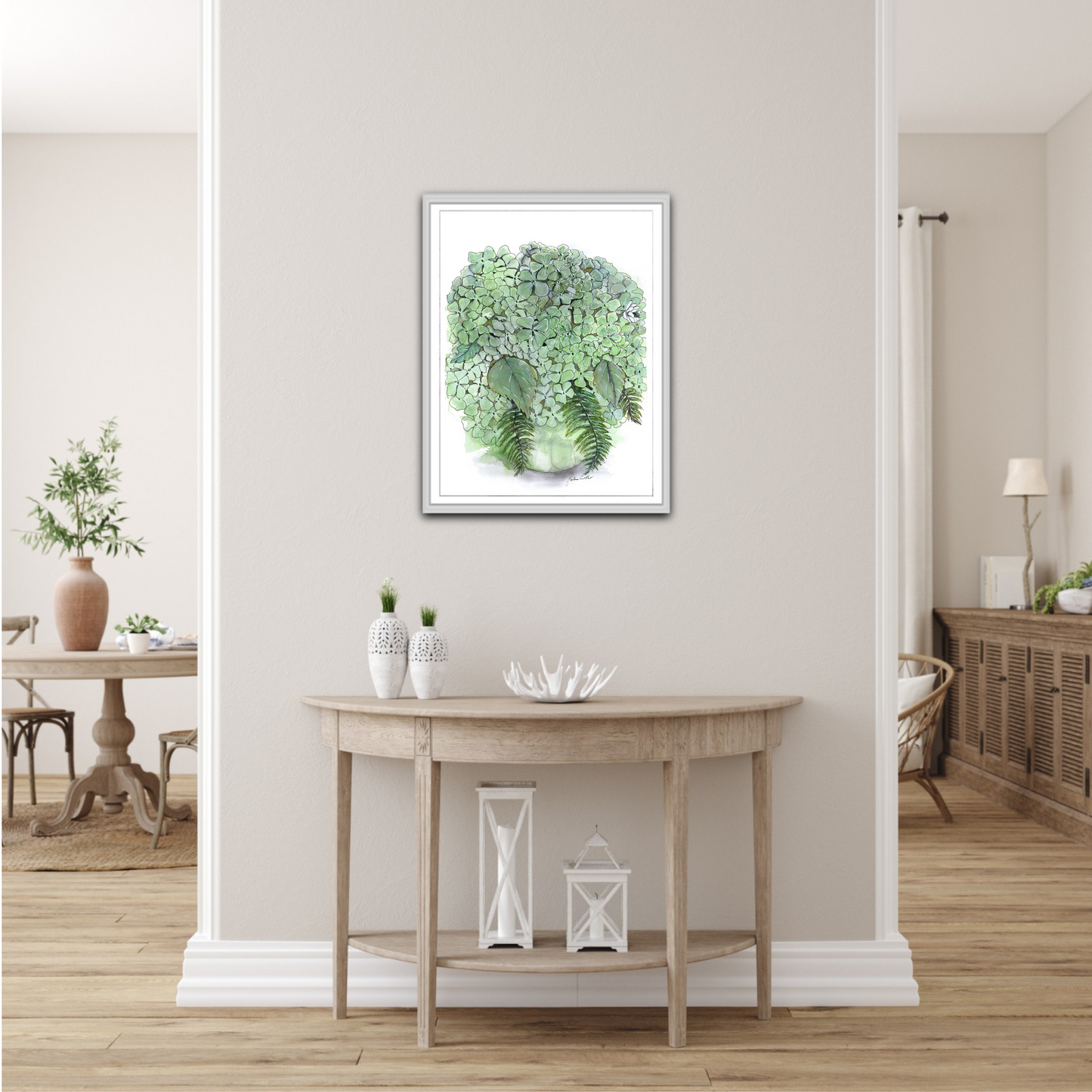 Green Hydrangeas in Glass Vase