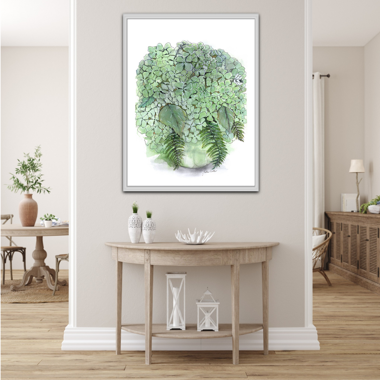 Green Hydrangeas in Glass Vase