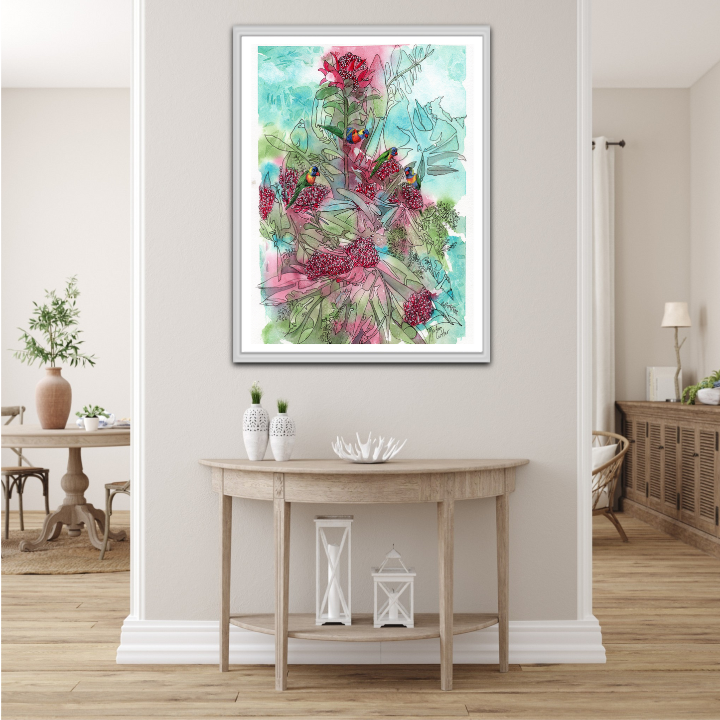 Rainbow Lorikeets and Waratah
